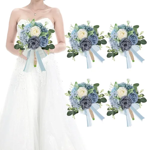 Miniatura 35 de Juego de 4 ramos para dama de honor para boda - Ramos de flores artificiales de 7 pulgadas para decoración de centros de mesa de ceremonia y Azul