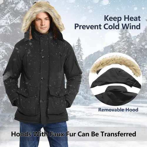 Miniatura 2 de Men's Winter Thicken Coat Warm Faux Fur Lined Padded Puffer Parka Jacket with Removable Hood