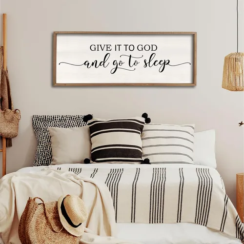 Miniatura 18 de Letrero de decoración de pared con texto en inglés «Give It To God And Go To Sleep», 32 x 12 pulgadas, para dormitorio principal sobre la cama