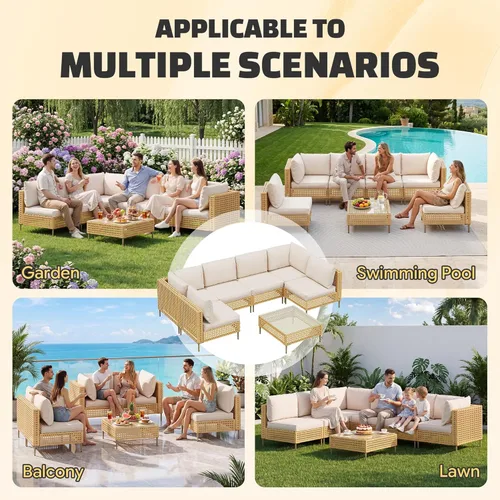 Miniatura 6 de LHBcraft Juego de muebles de mimbre para patio al aire libre, muebles modulares de ratán para exteriores, juegos de conversación de patio, ratán