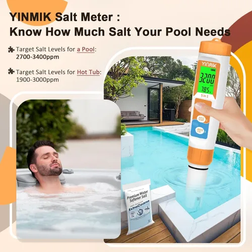 Miniatura 5 de YINMIK Probador de sal de piscina Nueva actualización Medidor de salinidad 5 en 1 pH TDS EC para piscinas de agua salada Probador de salinidad 5