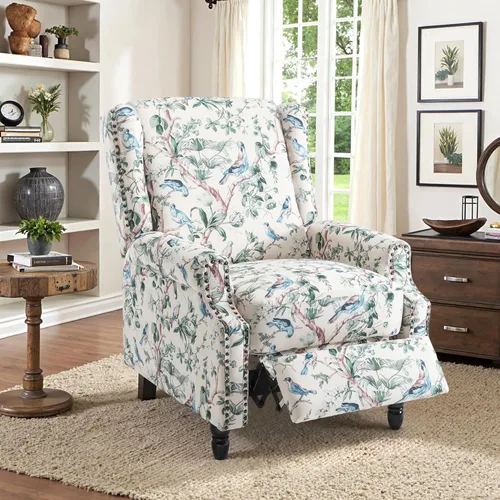 Miniatura 44 de Silla reclinable tapizada, sillón de ala floral con respaldo y reposapiés ajustables, cómoda silla decorativa para leer, sofá individual