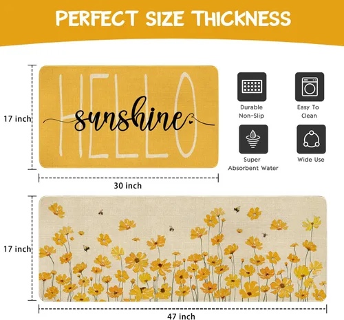 Miniatura 3 de Juego de 2 alfombras y tapetes de cocina de granja de primavera y verano, diseño floral de Hello Sunshine, antideslizante, lavable