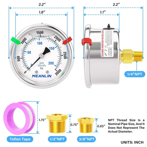 Miniatura 95 de MEANLIN MEASURE Medidor de presión de acero inoxidable relleno de líquido de 0 ~ 300 psi, esfera de cara NPT de 2 pulgadas para compresor de aire