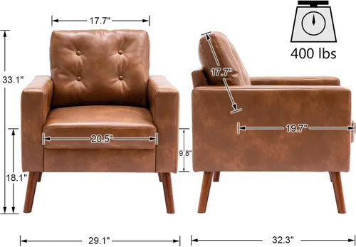 Miniatura 2 de VESCASA Silla con brazo copetudo con patas de madera, piel sintética sintética cómoda y tapizada, sofá individual tapizado, silla lateral moderna