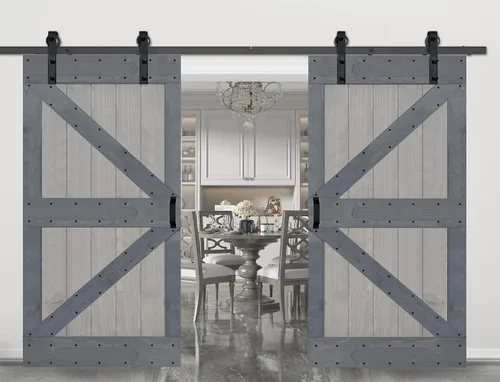 Miniatura 48 de Serie K de 60 x 84 pulgadas (30 x 84 pulgadas x 2 paneles) Puerta corredera clásica de madera maciza con acabado de nogal con riel de herrajes