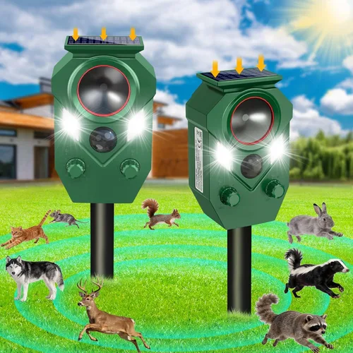 Miniatura 10 de Repelente ultrasónico de animales para exteriores, repelente y disuasorio de gatos con sensor PIR y luz intermitente, repelente de ciervos