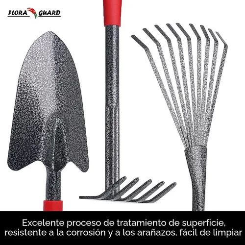 Miniatura 4 de FLORA GUARD Juego de herramientas de jardín de 6 piezas, herramientas manuales de jardinería resistentes con paleta, rastrillos, cultivador, azada