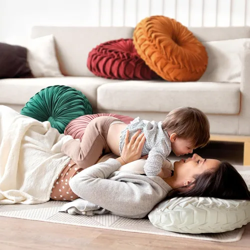 Miniatura 2 de Teieas Almohada redonda de terciopelo para decoración del hogar, cojín redondo plisado para sofá, silla, cama, automóvil, verde esmeralda