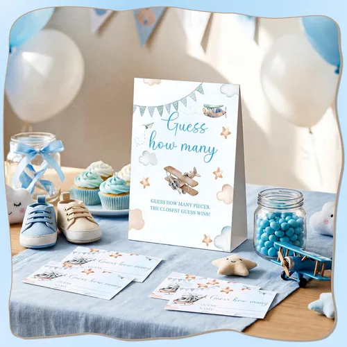Miniatura 6 de Airplane Adventure Guess How Many Baby Shower Game Paquete de 1 letrero de mesa con soporte y 50 tarjetas de cuántas tarjetas, decoración