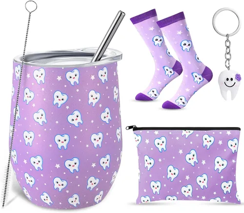 Miniatura 7 de Sliner Cna Week - Juego de 4 regalos para asistente dental higienista de 12 onzas, vaso de acero inoxidable con dientes azules, bolsa de cosméticos