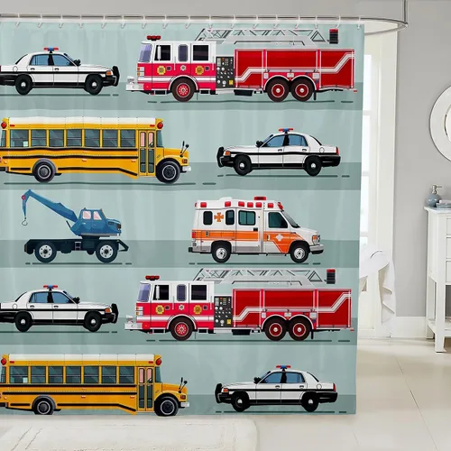 Miniatura 14 de Cortina de baño de tren de dibujos animados, cortina de ducha de tren rojo y azul para niños, juego de cortina de ducha para vehículos para niños