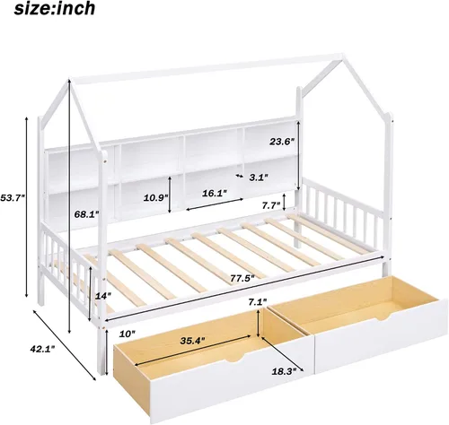Miniatura 2 de SOFTSEA Cama de casa de tamaño individual para niños, sofá cama de madera con cajones de almacenamiento, marco de cama individual con estantería