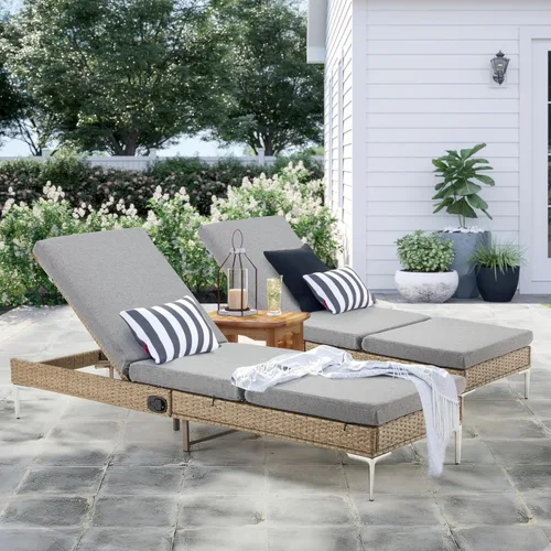 Miniatura 19 de Sillón de mimbre para exteriores, tumbona de piscina con respaldo reclinable infinito, muebles de patio, silla para tomar el sol con cojín