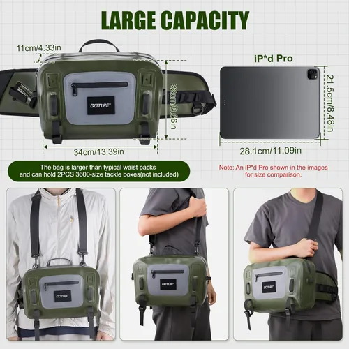 Miniatura 4 de Goture Riñonera de pesca impermeable, IPX8 840D TPU bolsa grande para aparejos con soporte para caña, cierre hermético de cremallera, bolsa de pesca