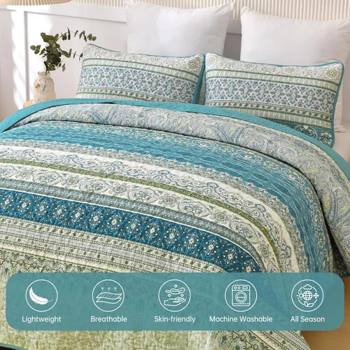 Miniatura 5 de WONGS BEDDING Juego de edredón bohemio tamaño Queen Aqua, juego de colcha de 3 piezas a rayas, de microfibra ligera y suave bohemia para todas