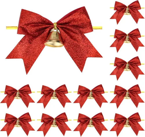 Miniatura 9 de Meseey 12 piezas de lazos de Navidad con campana, lazos de 4 pulgadas de oro metálico con purpurina para regalos, lazos prehechos con lazo