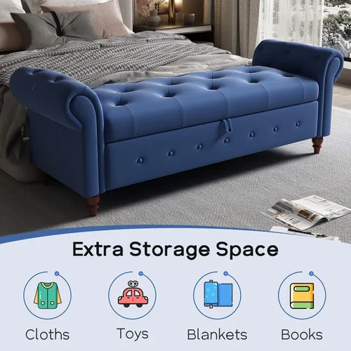 Miniatura 7 de NIOIIKIT Banco Otomano de Almacenamiento de 160 cm, Banco de Extremo de Cama con Botones, Sofá Otomano de Brazos Enrollados, Banco Largo para Azul