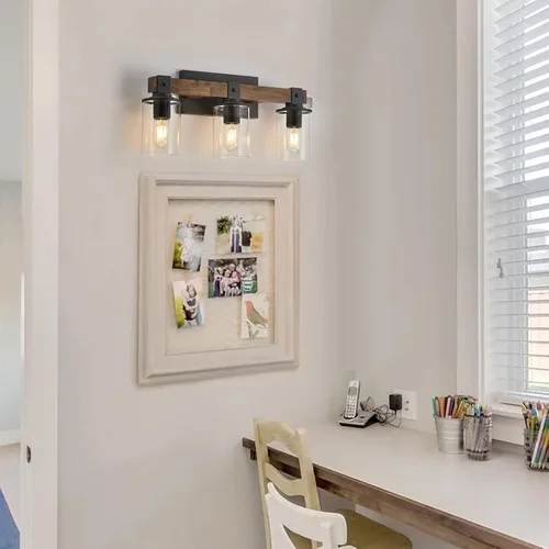 Miniatura 9 de DUJAHMLAND Lámpara de tocador de granja, lámpara de pared de madera de baño de 3 luces sobre espejo con pantalla de vidrio transparente, iluminación