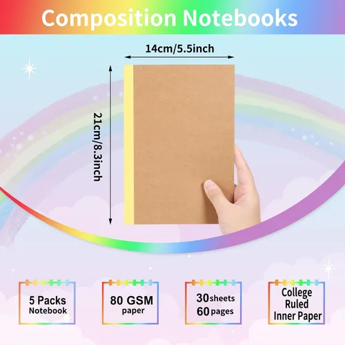 Miniatura 2 de EOOUT Paquete de 5 cuadernos de composición A5, diario forrado de papel kraft a granel con lomo azul, 5 colores, 60 páginas para mujeres, niñas