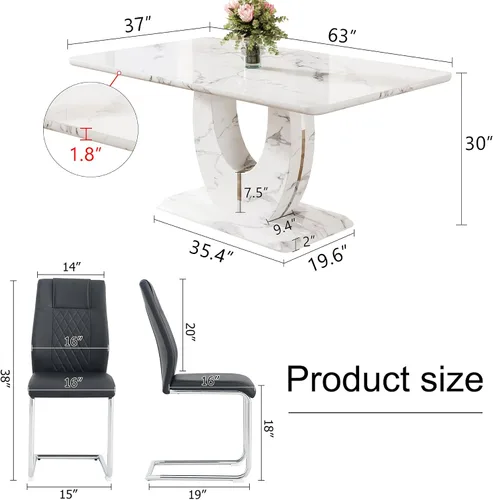 Miniatura 3 de JUFU Juego de mesa de comedor de 7 piezas para 6, mesa de cocina de mármol sintético blanco de 63 pulgadas con 6 sillas voladizas tapizadas, juego