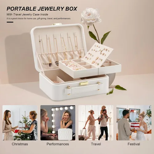 Miniatura 8 de V-LAFUY Joyero blanco, organizador de joyas de viaje grande, organizador de joyas de 2 capas, organizador de joyas de viaje para mujeres, estuche