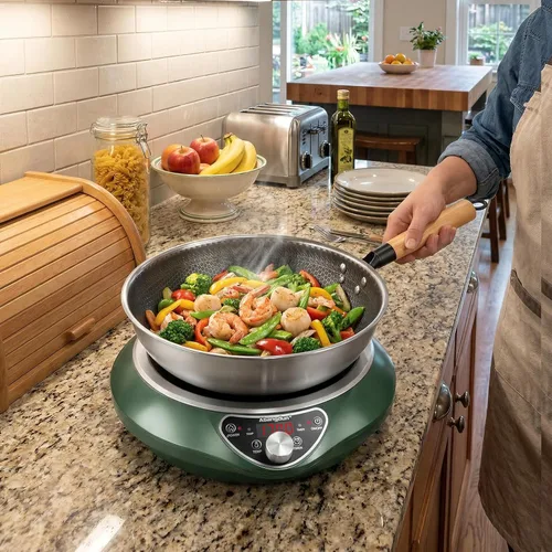 Miniatura 6 de Wok de inducción cóncava de 1700 W 120 V con wok de acero inoxidable, calentamiento continuo sin pulsos, 16 niveles de potencia, quemador portátil