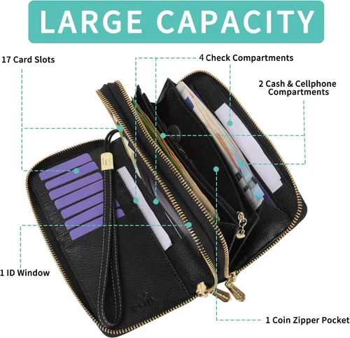 Miniatura 4 de Cartera de cuero real para mujer con adorno de camelia, bloqueo RFID, bolsillo para monedas, Negro, L, Clásico