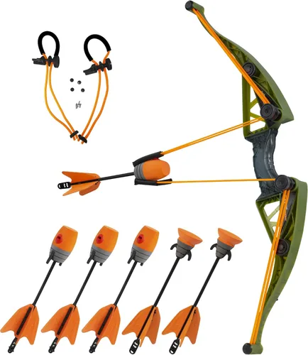 Zing Air Hunterz - Paquete de arco Z-Curve, 1 lazo verde, 4 silbatos zónicos naranjas y 2 flechas de ventosa naranja y 1 cuerda elástica, dispara
