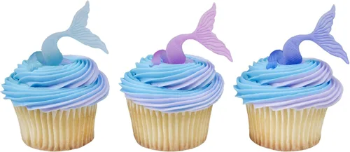 DECOPAC Anillos envolventes con cola de sirena, adornos para pasteles, decoraciones multicolores seguras para alimentos para fiestas, paquete de 24