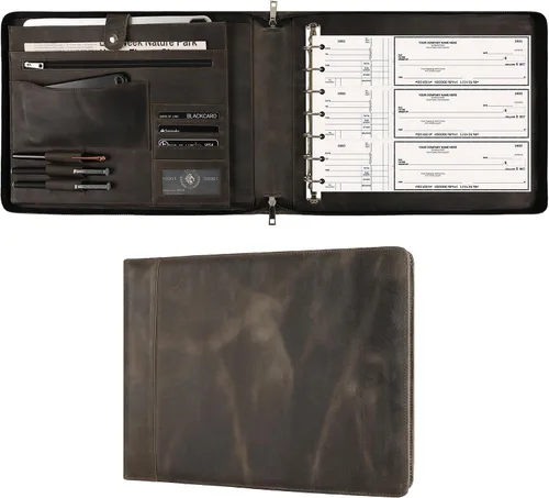 Miniatura 10 de Cuaderno de cheques personalizado de cuero para negocios, carpeta de 7 anillos grabada con soporte para libro de cheques para 3 por página, Marrón