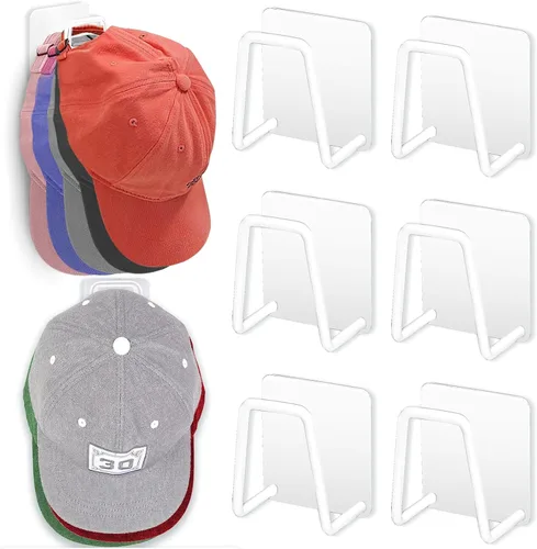 Perchero para organizador de sombreros de pared (paquete de 6), estantes de metal para gorras de béisbol, ganchos adhesivos para sombreros para