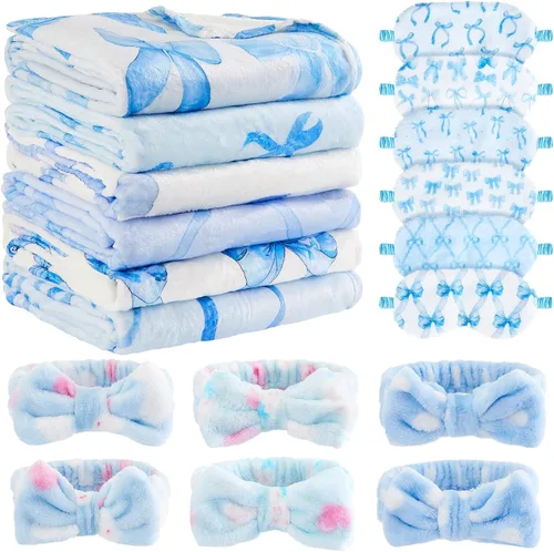 Miniatura 9 de Fanfanwin 18 piezas de suministros de fiesta de pijamas para niñas, 6 estilos lindos degradados, 6 diademas de forro polar coral para spa, 6