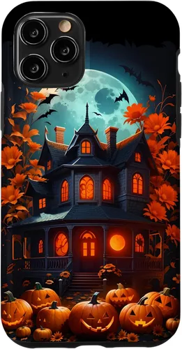 Miniatura 26 de Funda para iPhone 11 Pro Max Halloween espeluznante casa embrujada murciélagos y calabazas talladas