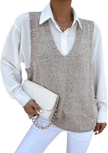 Miniatura 3 de Romwe Suéter de gran tamaño para mujer, cuello en V, doble bolsillo lateral, sin mangas, suéter de punto marmolado, suéter sin mangas