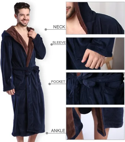 Miniatura 5 de Bata de baño con capucha para hombre, suave y de longitud completa, cómodo camisón cálido de longitud completa