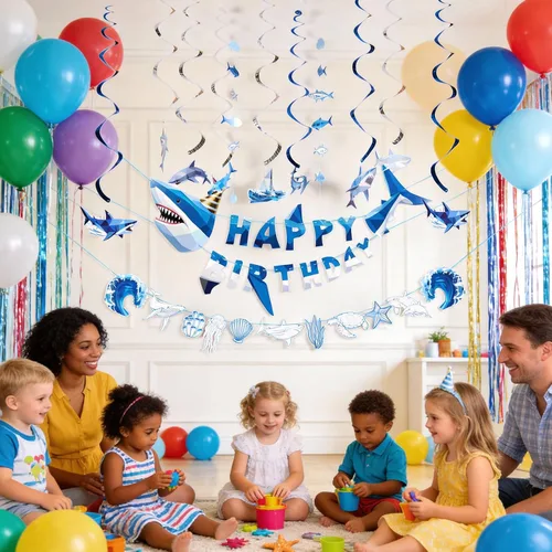 Miniatura 8 de Paper Jazz Decoración de tiburón oceánico, decoración de fiesta de tiburón ballena para pared, pancarta de cumpleaños bajo el mar con remolinos, Azul
