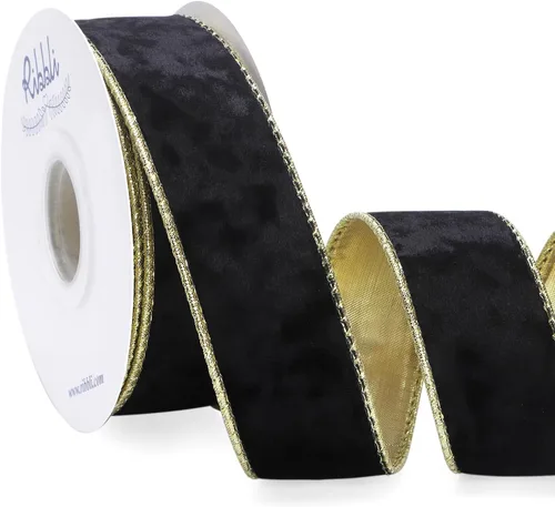 Ribbli - Cinta de terciopelo color dorado negro metálico con alambre de 1.5 pulgada, cinta navideña de terciopelo arrugado para envoltura, decorar