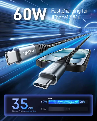 Miniatura 2 de Dasku iPhone 17 USB C a USB C de carga rápida, 60 W (3.1 A), paquete de 2 cables cargador de carga de 3 pies tipo C para iPhone 17/16/15/15 Plus/15