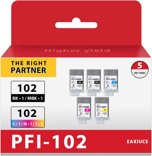 PFI-102 Depósito de tinta de 5 colores (5 unidades, negro mate/negro/cian/magenta/amarillo) - Compatible con Eaxi PFI-102MBK PFI-102BK PFI-102C