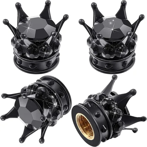 4 tapas para vástagos de válvula de neumático, con forma de corona, hechas a mano, con diamantes de imitación de cristal, universales, corona Negro