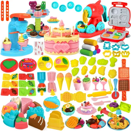 Miniatura 9 de Aprilwolf 70 PCS Juego de Masa 4 en 1 para Niños de 3-4-8 Años, Kit de Herramientas de Masa para Manualidades de Arte, Set de Juego de Helado Fideos