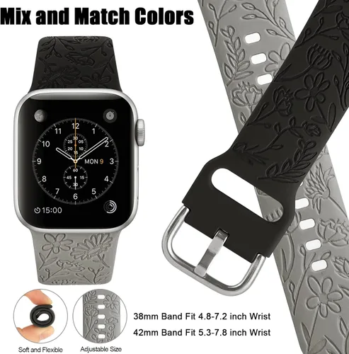 Miniatura 4 de Paquete de 2 correas deportivas grabadas con flores compatibles con correas de Apple Watch de 1.496 pulgadas, 1.575 pulgadas, 1.614 pulgadas