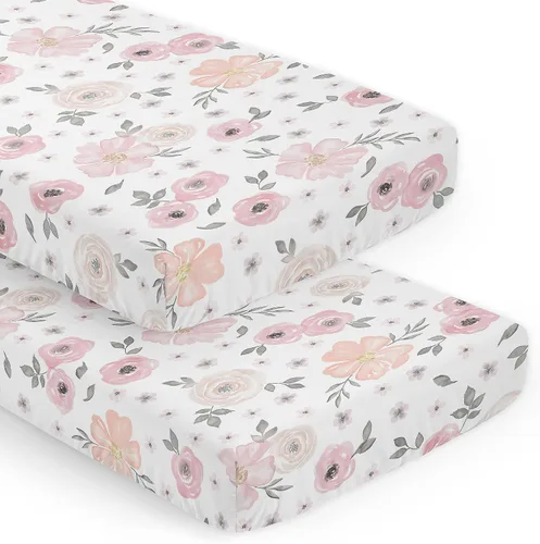 Miniatura 11 de Sweet Jojo Designs Mini sábana de cuna portátil para niña, color rosa y gris, colección floral de acuarela, para mini cuna o paquete y juego solo