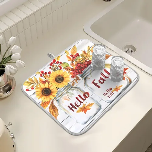 Miniatura 7 de Tapete de secado de platos de hojas de otoño y girasol, almohadilla absorbente de secado rápido, protector para encimera de cocina, 16 x 18 pulgadas