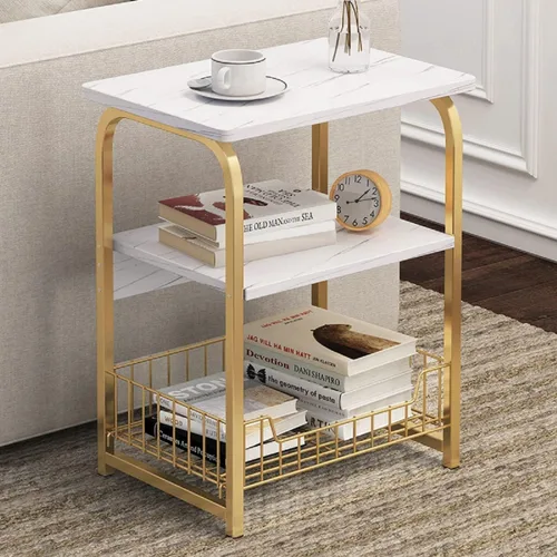 Miniatura 4 de Mesa auxiliar auxiliar de mármol blanco de 3 niveles con estante de almacenamiento, mesa de metal para aperitivos, mesa pequeña para balcón