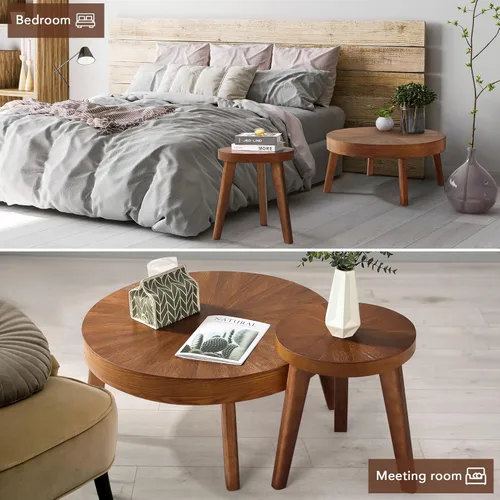 Miniatura 3 de HOKYHOKY Juego de 3 mesas de centro redondas estilo granja, mesas nido de estilo bohemio para sofá, mesas auxiliares con acabado natural de madera