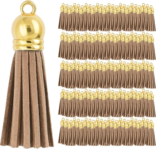 Miniatura 55 de Mandala Crafts 100 borlas de gamuza sintética color aguamarina con tapa dorada, suministros para hacer llaveros a granel, pequeñas borlas de cuero
