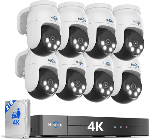 Hiseeu Sistema de cámara de seguridad con cable 4K PTZ con 8 cámaras CCTV IP67 de 8 MP, DVR de 8 MP, cobertura de 360°, visión nocturna a color