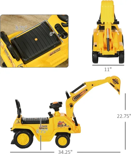 Miniatura 7 de HOMCOM Excavadora para montar, Bulldozer para niños Carro de arrastre con bocina, Almacenamiento bajo el asiento, Juguete carro de construcción